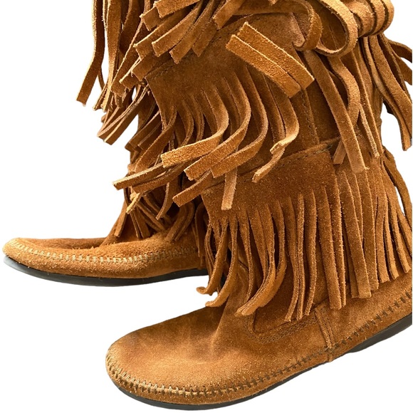 Minnetonka brown suede fringe three row tassel boot moccasin - Picture 7 of 15